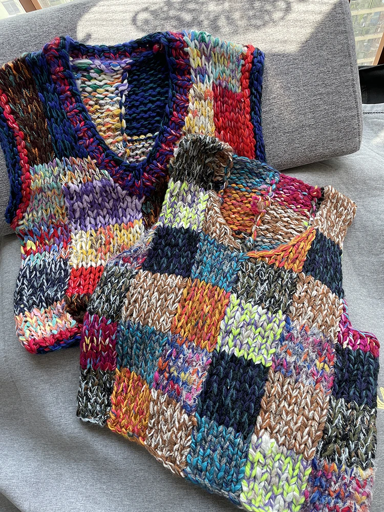Women Patchwork Colorful Handmade Vest Multi Color Chunky Sweater Knitwear Dopamine Dressing 2025 Fall/Winter New In