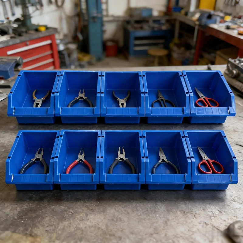 10pcs blue plastic storage bins with labeled compartments - interlocking modular organizing system, heavy-duty stackable PP containers, reinforced edges and hanging hooks suitable for garage, studio, home, space-saving shelving solution, sturdy structure, ideal for professionals and DIY enthusiasts