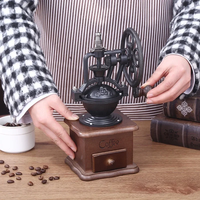 Vintage Style Wooden Grinder Antique Cast Iron Roller Coffee Mill Hand Crank Manual