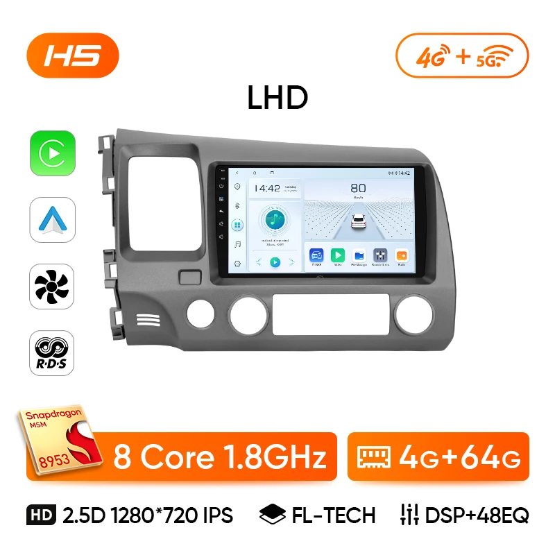 Ainavi autoradio voor Honda Civic 8e generatie (2005-2011) multimedia draadloos CarPlay Android Auto