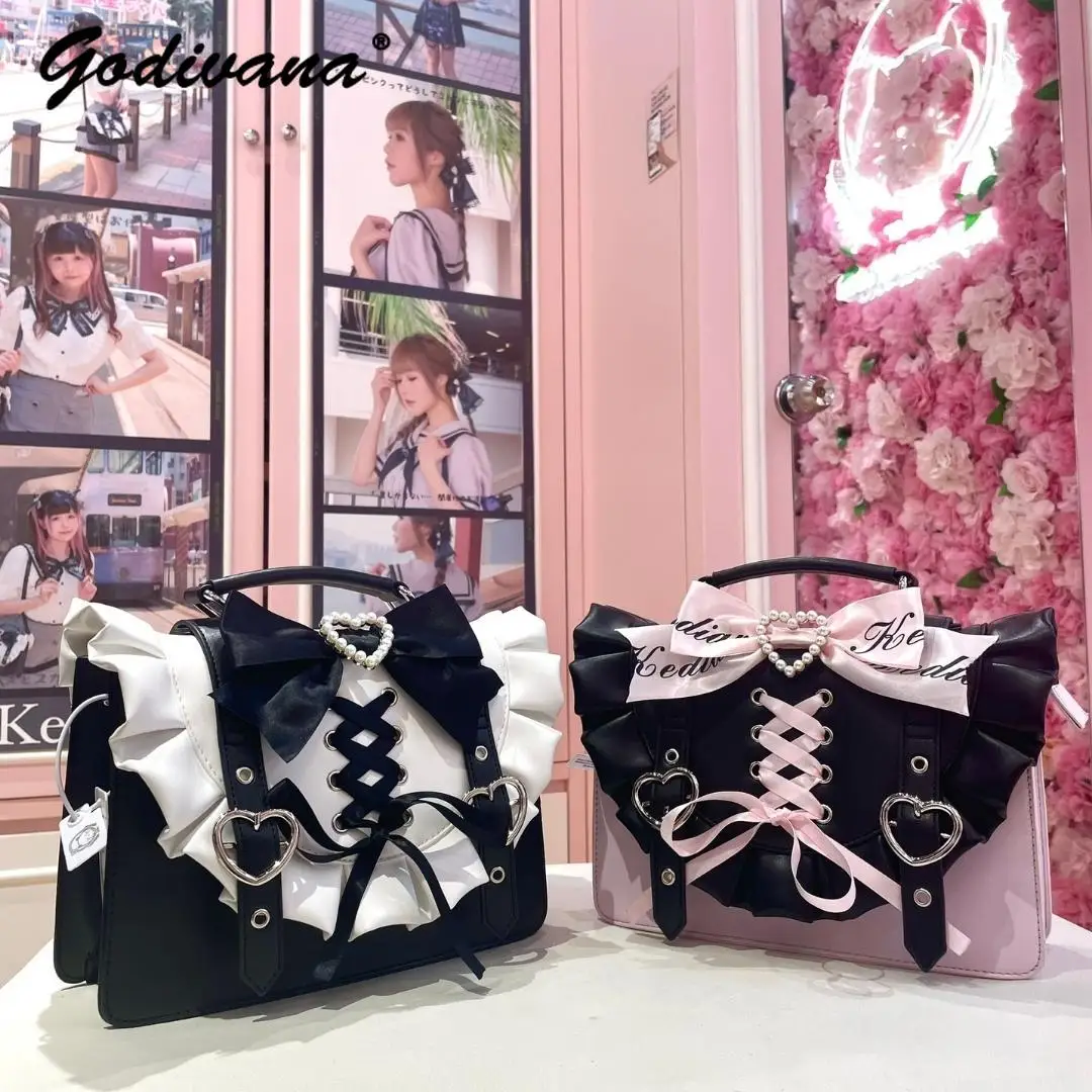 Japanese Style Bowknow Love Messenger Bag Lolita Female Girls Mine Mass-Produced Bandage Crossbody Bag Sweet Shoulder Bags