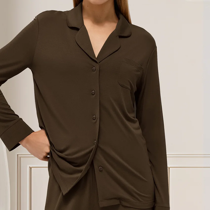 

Комплект из 2 предметов: весенняя коричневая домашняя одежда для женщин, пижама, кардиган с длинными рукавами и брюки, комфортная и мягкая, модель 2026