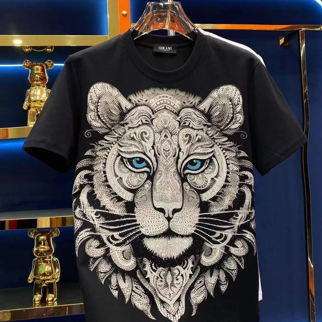 Unique Printing Pattern Tiger Head Print T-Shirt | Blue Eyes Baroque Style Crew Neck Tee | Premium Streetwear Hip Hop Harajuku