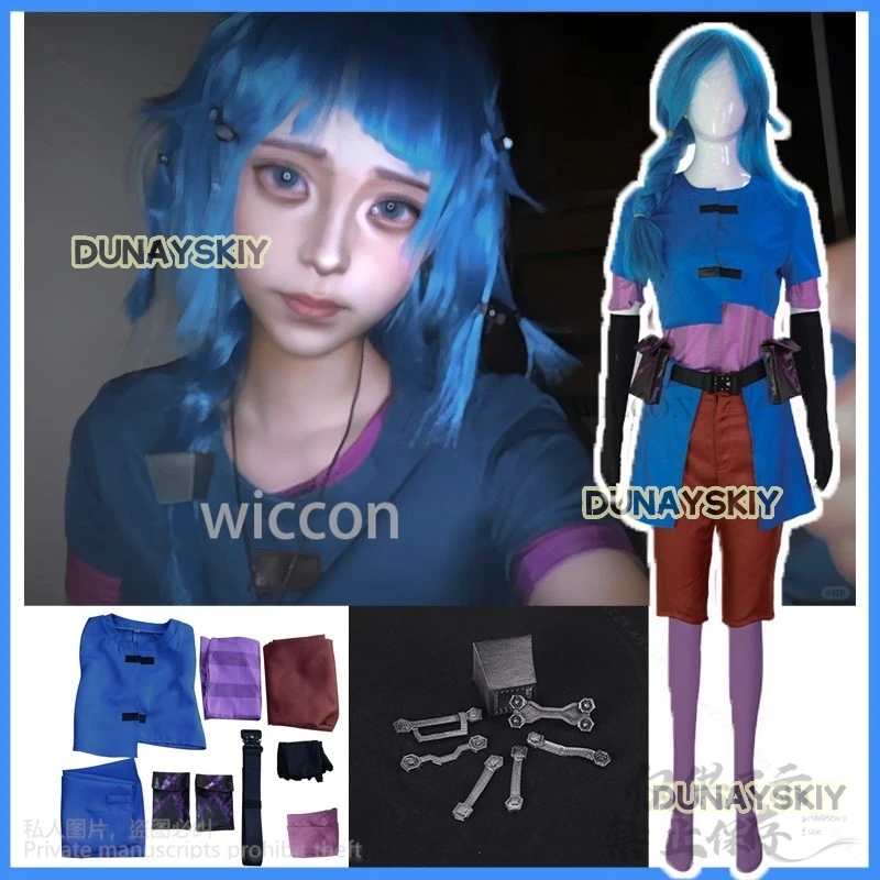 อะนิเมะเกม LOL Arcane Powder คอสเพลย์ Jinx Junior ในวัยเด็กเครื่องแต่งกายชุดเสื้อกางเกงวิกผมสีฟ้า Headwear สําหรับหญิงที่กําหนดเอง