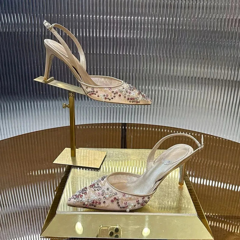 جديد المرأة سلسلة حبة ديكور رقيقة عالية الكعب Sandalias أشار تو شبكة مغلقة تو الصنادل الصيف فستان الحفلات أحذية مضخات