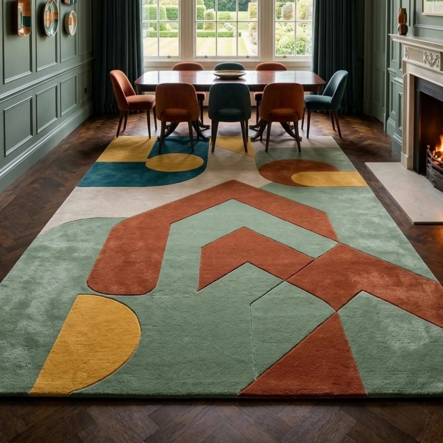 Room Decor Rug  Sage Green, Rust Geometric H1andTufted Rug  Mid Century Modern Sculpted Texture Abstract Boho DE1cor