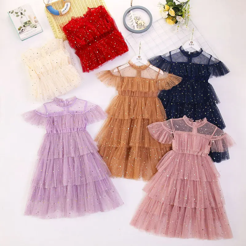 Summer Sequins Princess Lace Dress for Kids Girls Fashion Children Star Moon Print Party Clothes Korean Baby Tutu Dresses 8 12Y