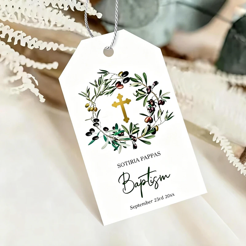 50pcs Personalized Baptism Tags, Thank You Gift Tags, Custom Baptism Name Tag, Greenery Baptism Thank You Tag