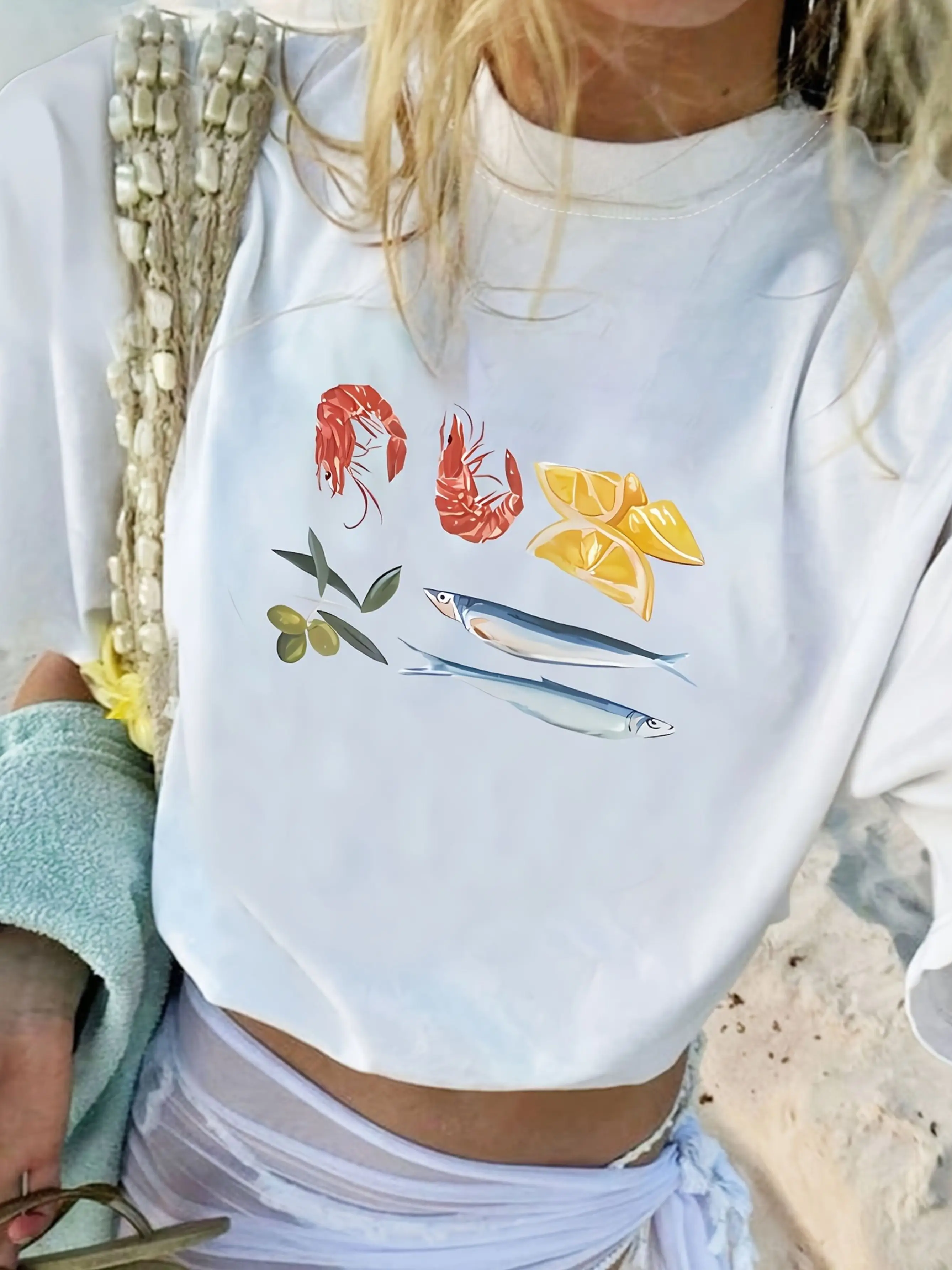 Women'S Mediterranean Cuisine Sleeve Made of Featuring Fit with Shrimp Lemon Olive and Mackerel Prints This Aesthetic Clothes