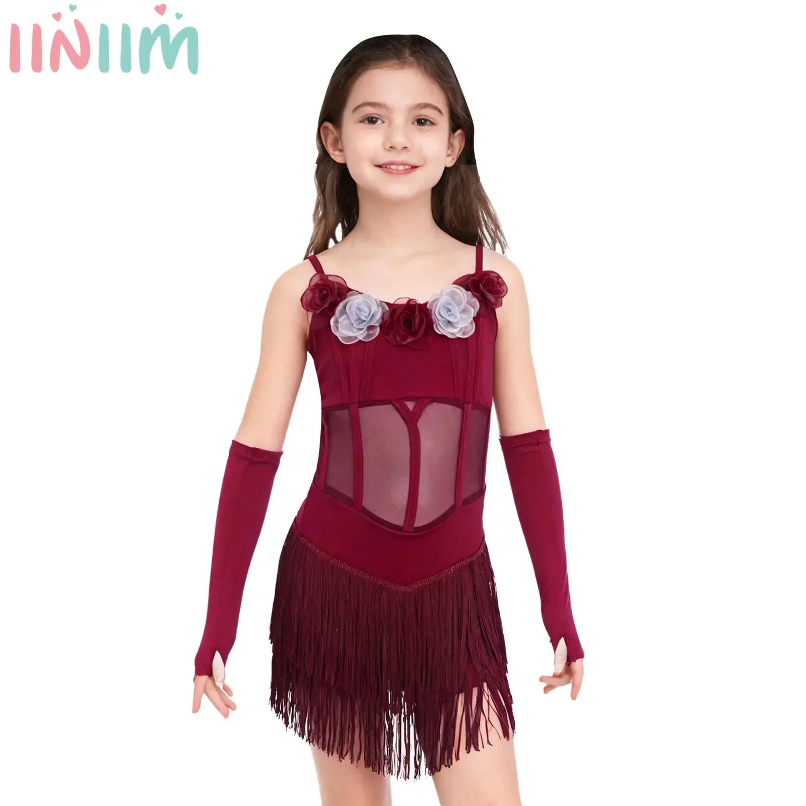 

Платье с тонкими бретелями, пэчворком, 3D цветами и кисточками, с перчатками, для латиноамериканских танцев (самба, румба), лирических танцев, танцевальные костюмы для девочек