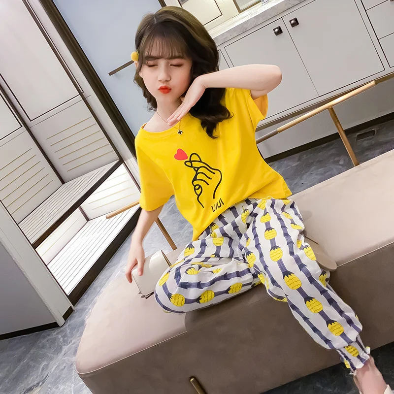 

For Casual Sets Girls Clothing Summer 2023 New O-Neck Lantern Sleeve Cartoon Letters Print T Shirt & Mosquito Pants 2 Piece Suit