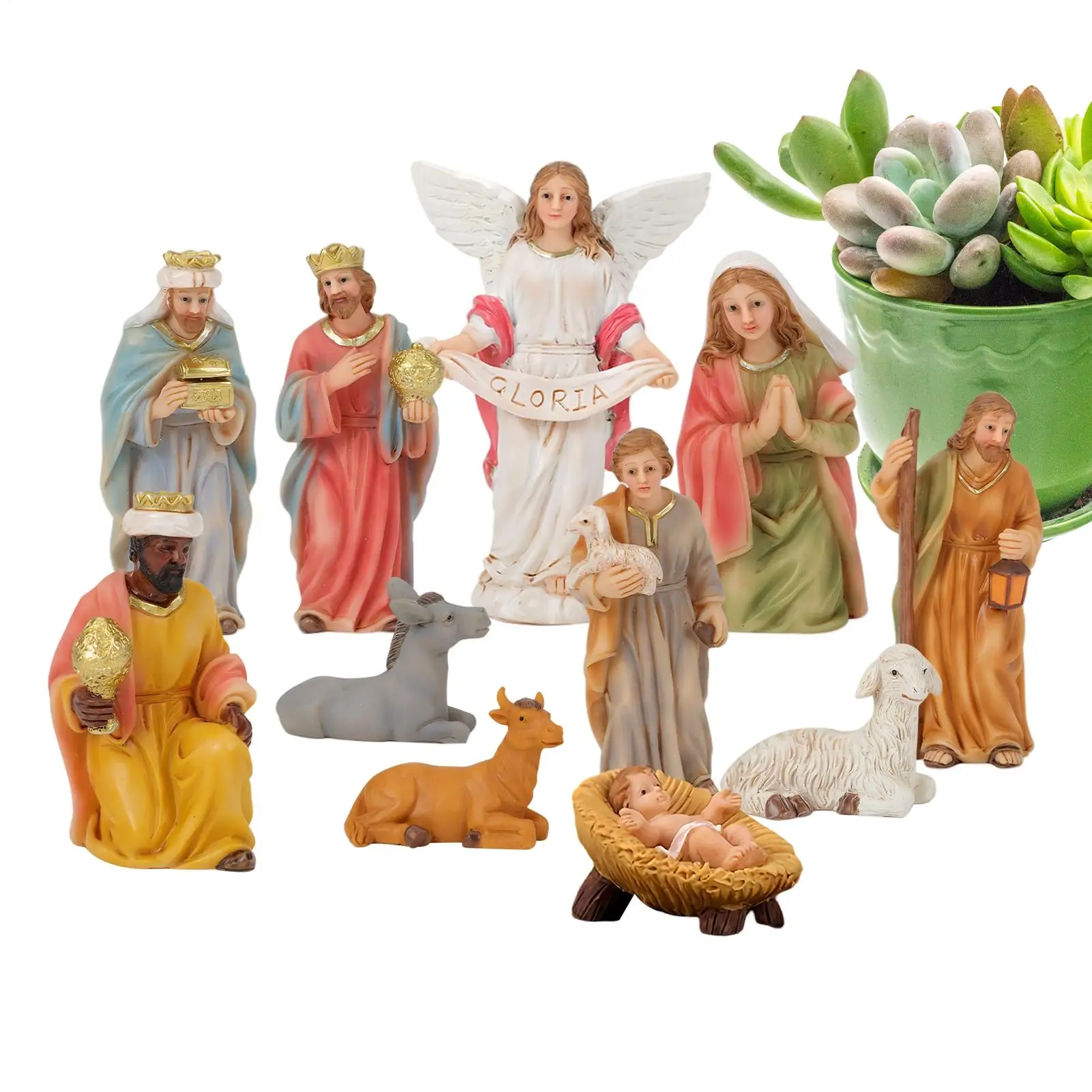 11pcs Christmas Nativity Set Scene Figurines Resin Manger Holiday Decor Christian Family Nativity Miniature Figurines