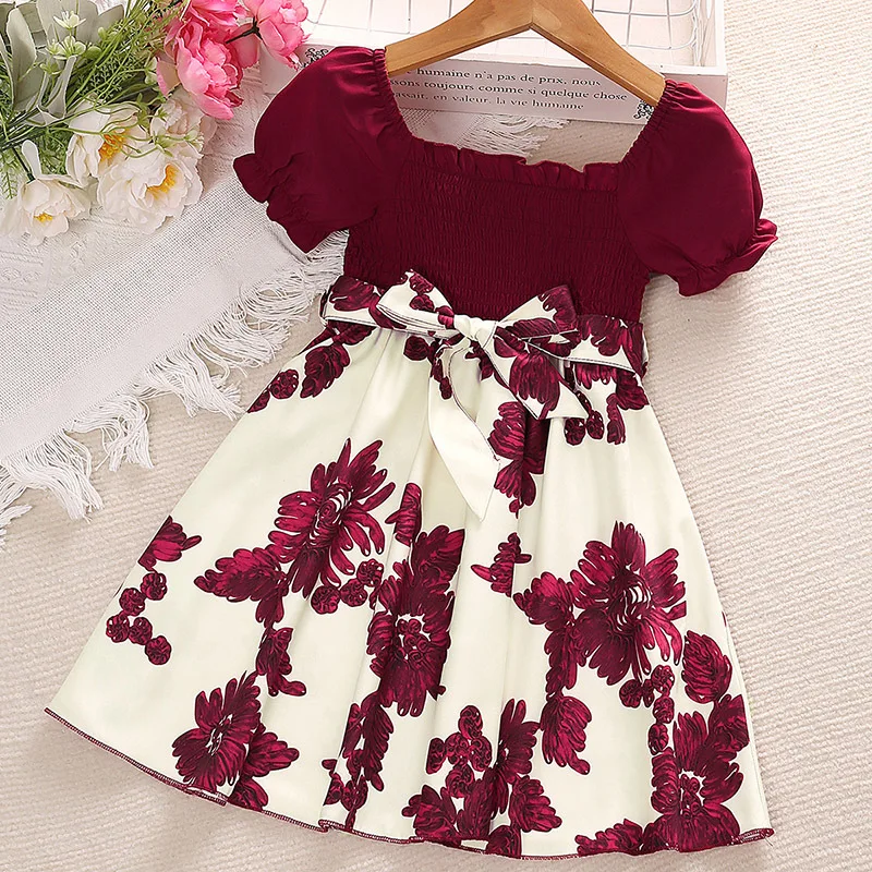 

Summer Girl's Long Skirt Polyester Square Collar Suspender Sleeveless Lace Play Smocking A-line Print Dress Pleated Comfortable