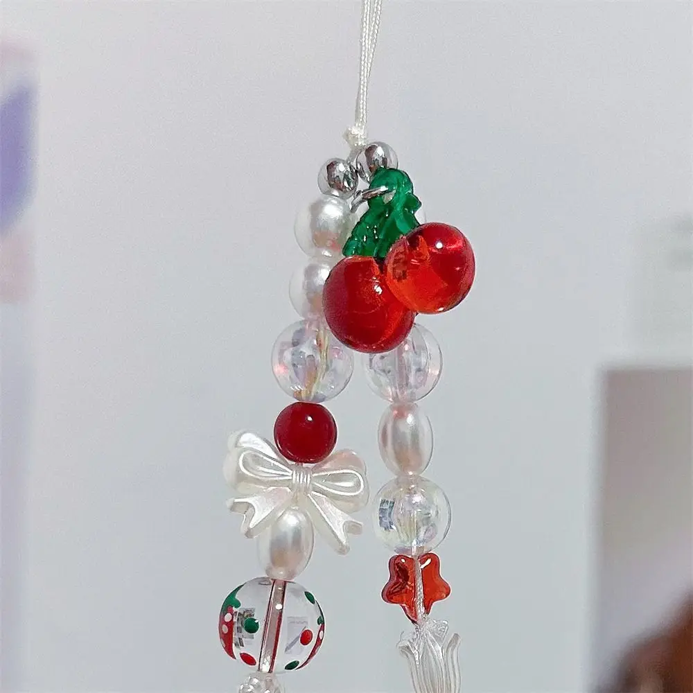 

Women Fashion Charm Cherry Strawberry Bowknot Keychain Luxury Cute Beaded Phone Chain Phone Case Keychain Phone Accessories