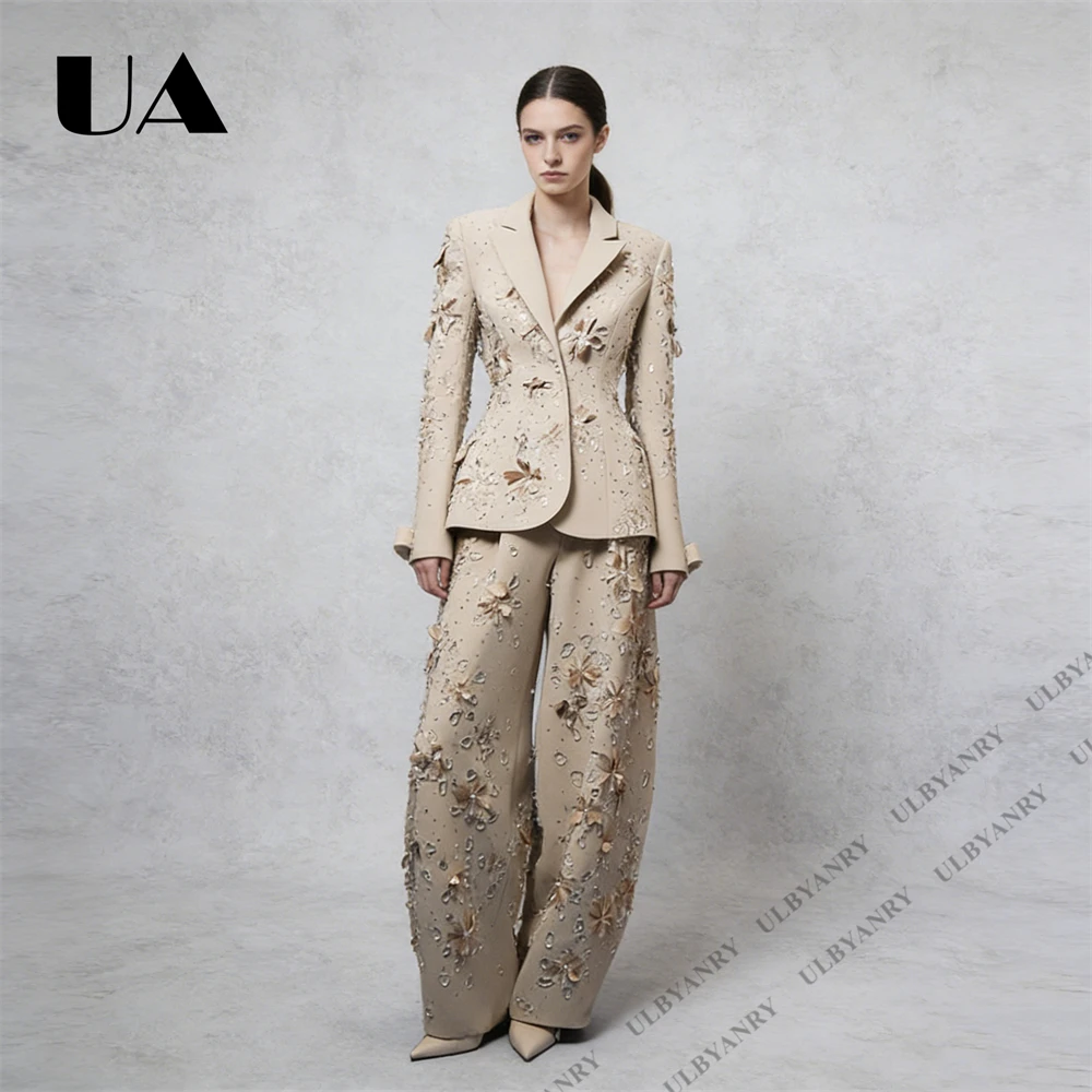 ULBYANRY Women’s Embroidered Suit Set – Beige Floral Beaded, Lapel, Waisted, Wide-Leg Pants, Elegant Party & Wedding Set