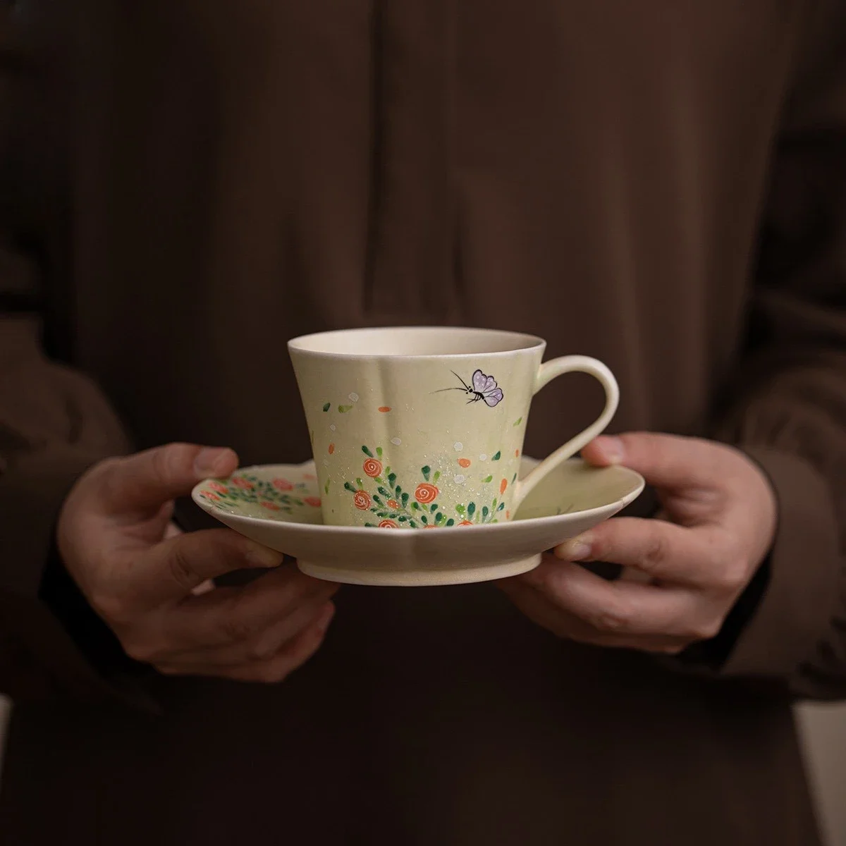 Pink Lead Hand-painted Herb Butterfly Coffee Cup Set Teacup Bottom Support Office Ladies Drinking TeaCup Coffeeware Teaware Gift