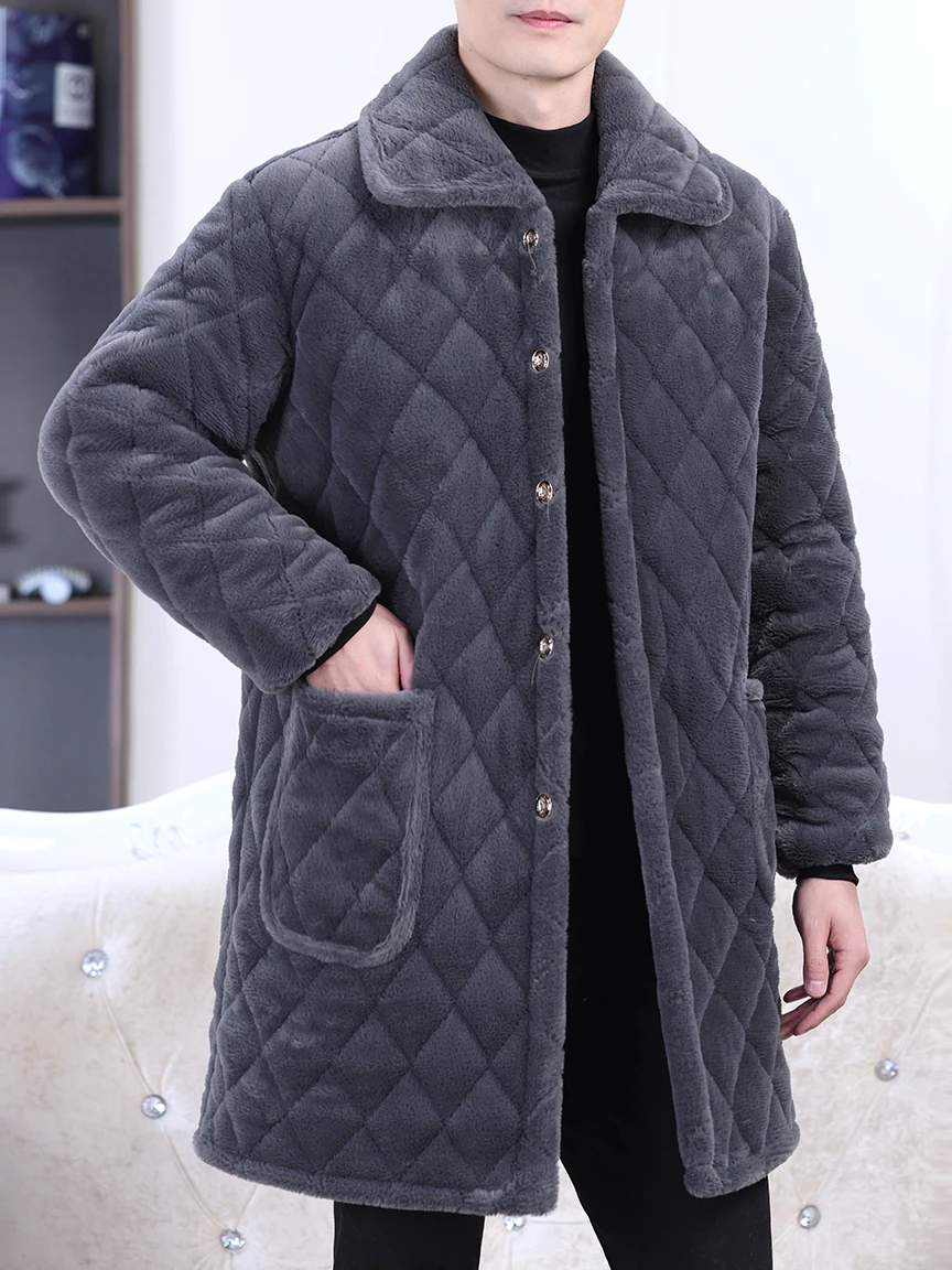 

Warm Coral Fce Pajamas Men's Winter Home Clothes Thiened Medium-Length Tee-Layer Cotton Spwear Anti-Cold And Dirt