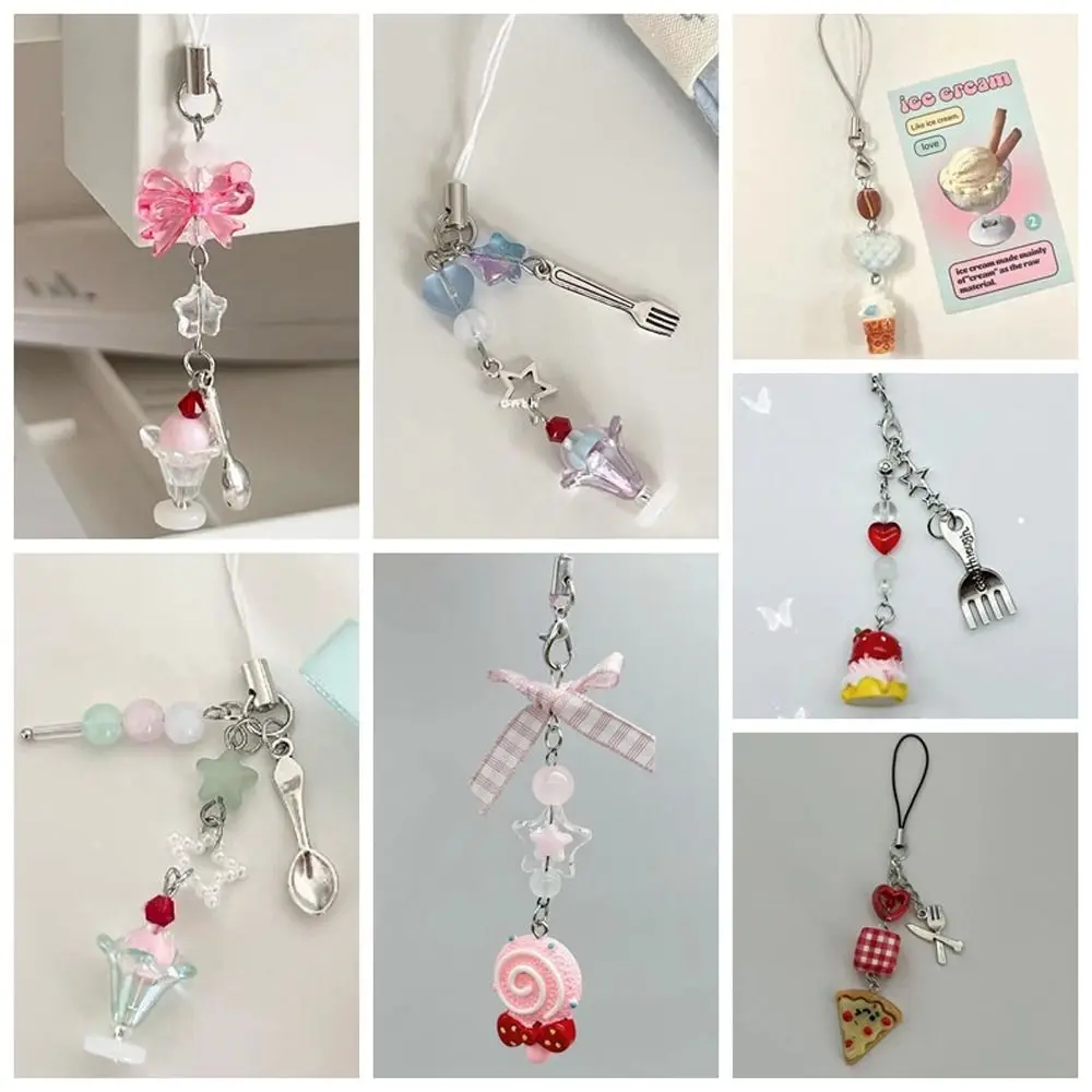 Girlish Ice Cream Mobile Phone Lanyard Folk Spoon Phone Charms Food Phone Chain Pendant Beaded Phone Strap Earphone Ornament