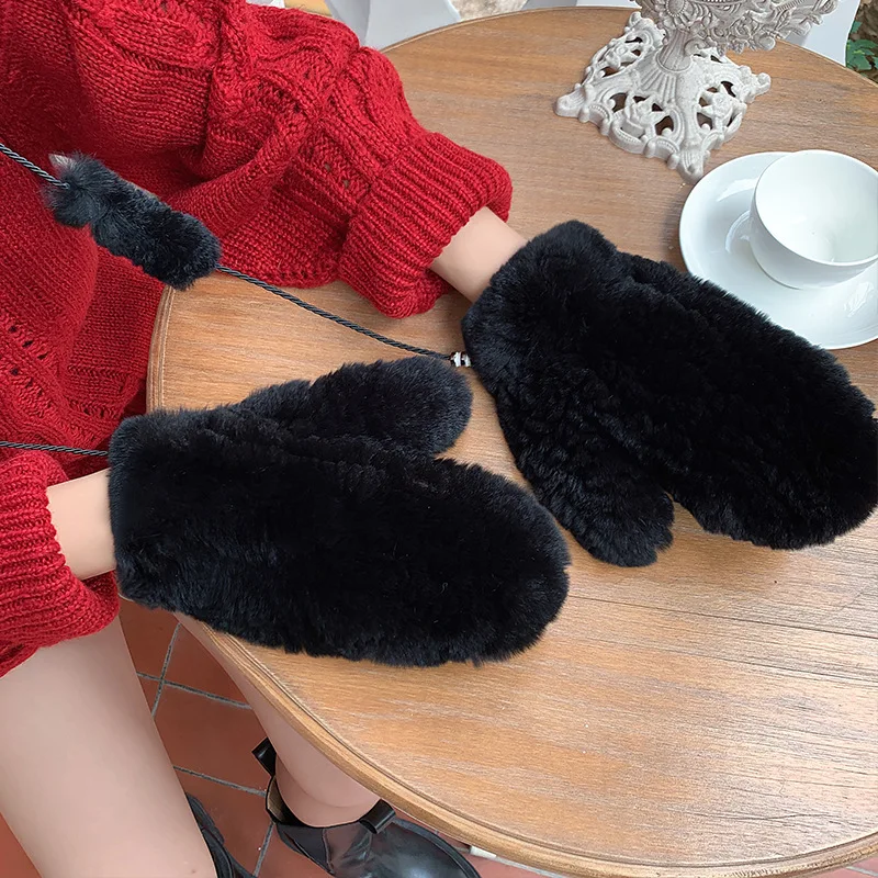 Women\'s Winter Real Rex Rabbit Fur Gloves Warm Thick Ladies Fur Mittens Elastic Girls Ski Glove Mitts Elastic Soft With String