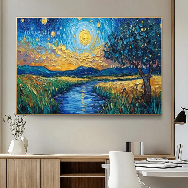 

Большой новый модный дизайн, ручная роспись, современный зеленый, желтый пейзаж, картина маслом на холсте, красивый синий, желтый настенный декор