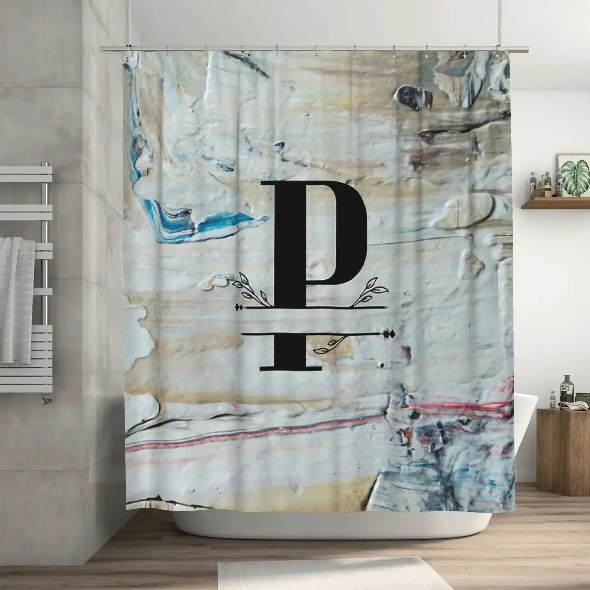 

Monogram...P...on Colourful Textured Cementconcrete Wall Background Shower Curtain Bathroom Waterproof Bath Curtains with Hooks