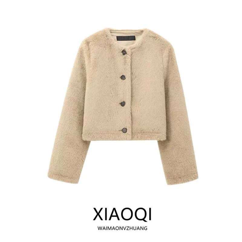 2025 Autumn New Arrival Women's Short Coat Artificial Fur Effect Commute Versatile Outerwear round Neck Button Closure Long S...