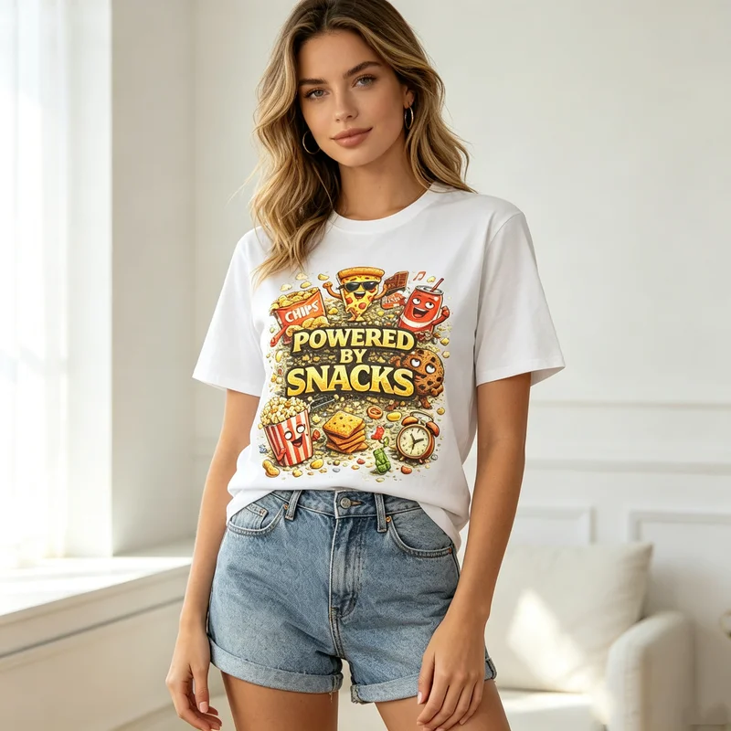 Camiseta gráfica Powered By Snacks para hombre y mujer, cuello redondo, manga corta, camisetas informales para amantes de los aperitivos, camiseta Y2k, camiseta extragrande Harajuku