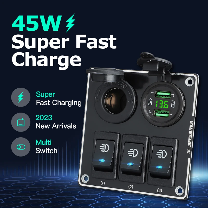 12/24V 45W Car Accessories USB Quick Charge QC Type-c Voltmeter Power Socket 3 Gang Waterproof Marine Boat Rocker Switch Panel