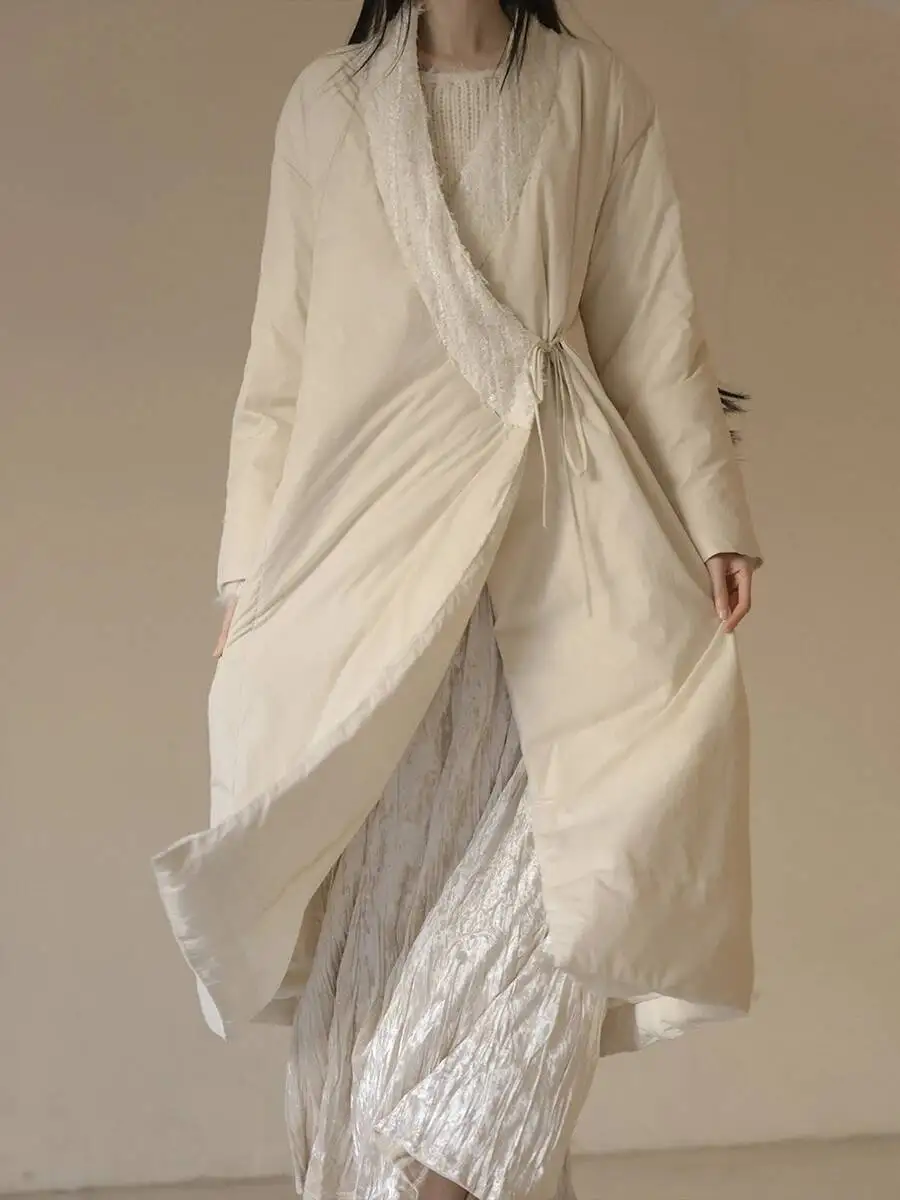 UMI MAO 90 화이트 오리 다운 재킷 중국 스타일 예술적 경사 칼라 가볍고 따뜻한 두꺼운 롱 코트 Femme