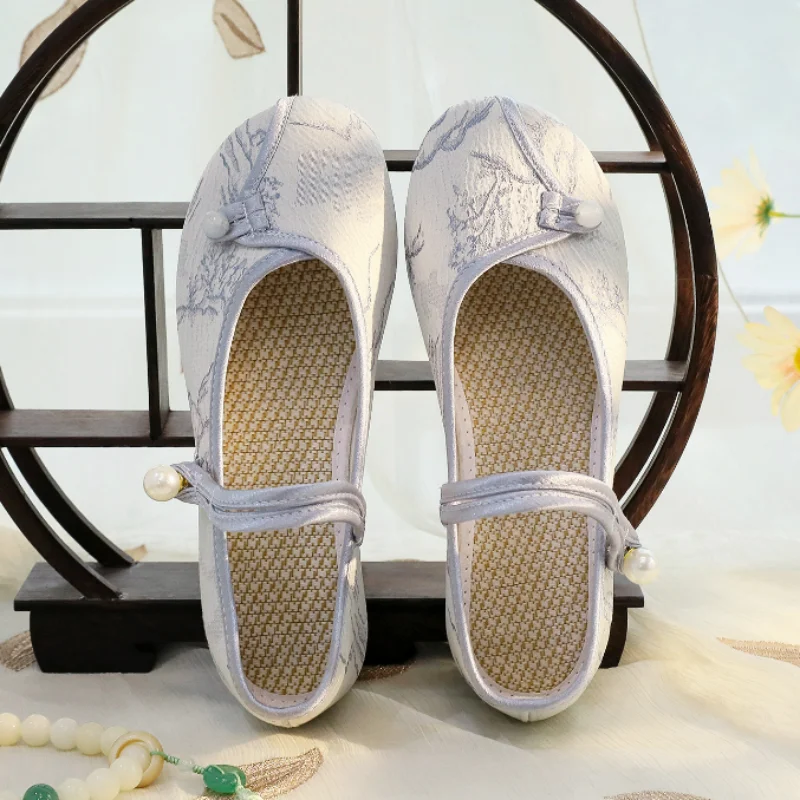 Women Round Toe Embroidered Canvas Mary Jane Shoe Vintage Style Breathable Casual Dress Shoes