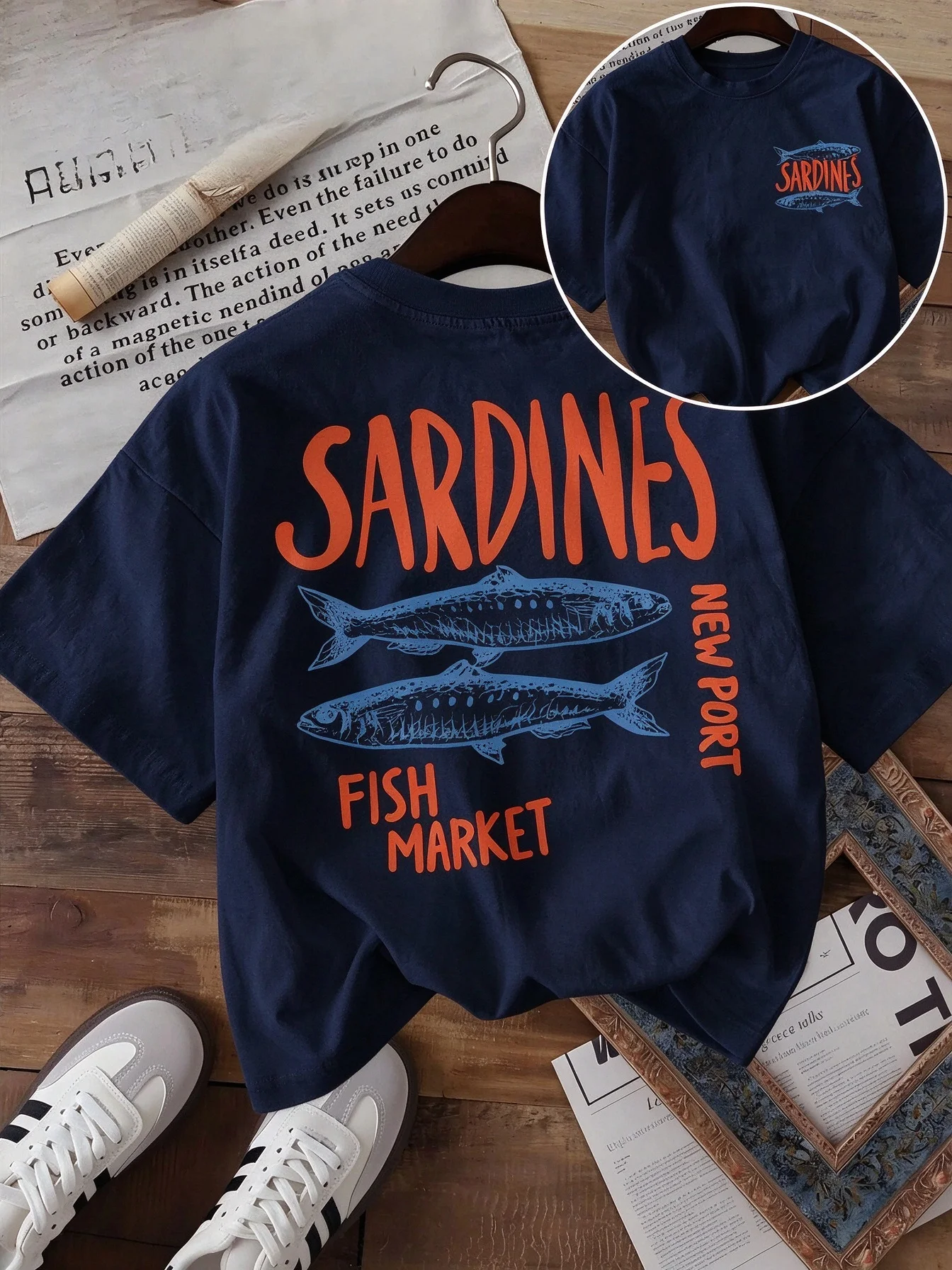 Sardines Fish Market T Shirt Funny New Port Graphic Double Sided Print Unisex Harajuku Aesthetic Loose Short Sleeve Summer Tops