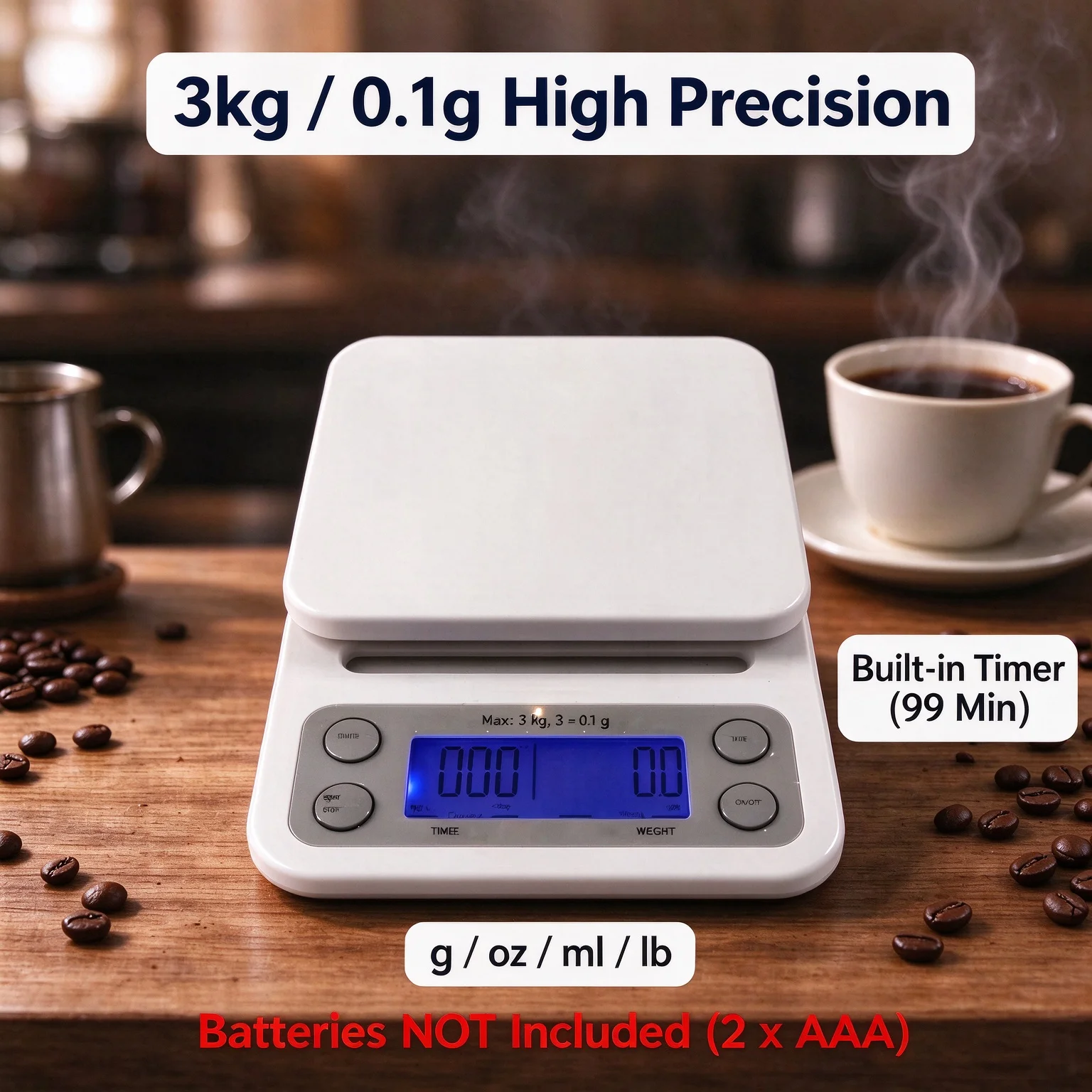 Digital Coffee Scale with Timer 3kg/0.1g High Precision Kitchen Scale LED Backlight for Pour Over Coffee Baking