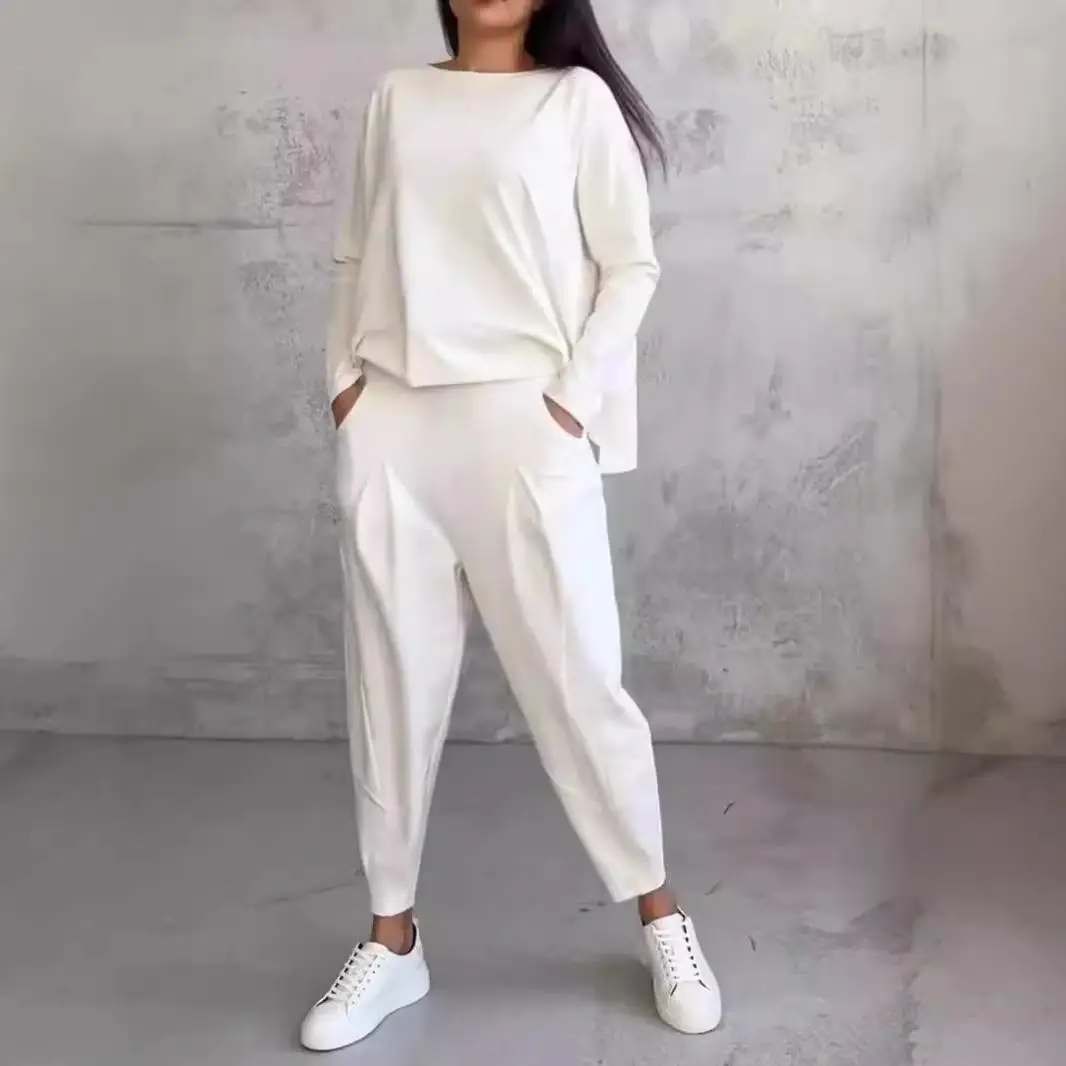 Women's Two-Piece Long Sve irt Set Single Legged Design Faionable Commute Sle Pure Color Nine-Piece Pants Autumn Col...