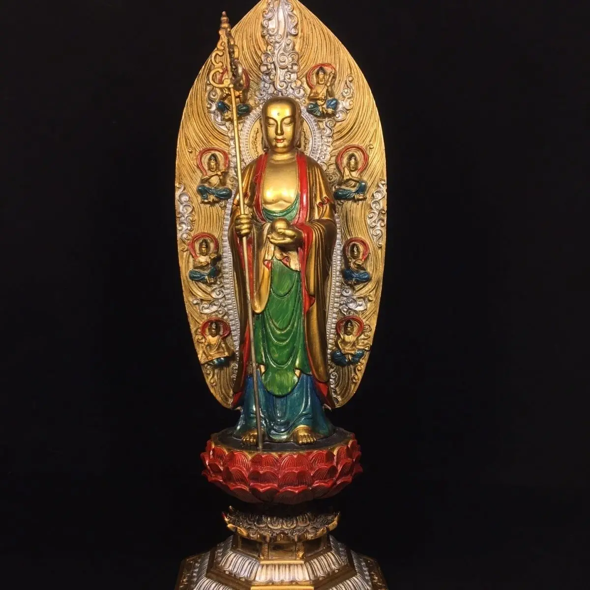 Qianlong Seiko pure copper painted Kizo King Bodhisattva width 15cm high 42cm thick 14cm weight about 3kg
