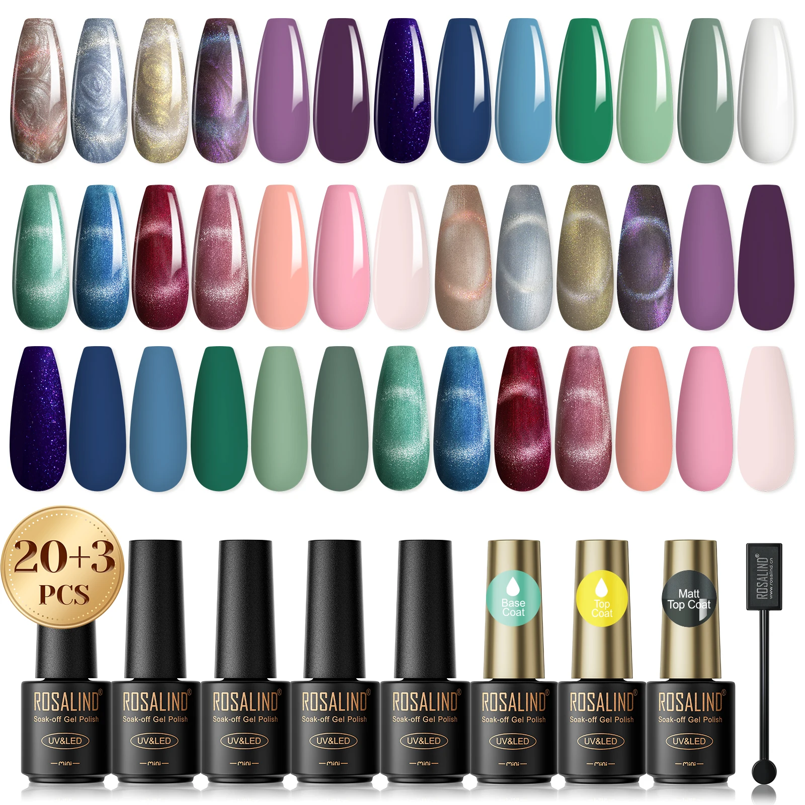 ROSALIND 20-Farben-Cat-Eye-Gel-Nagellack-Set, Soak Off Hybrid Semi Permanent Gel Lacke Base Top Coat Nail Beauty