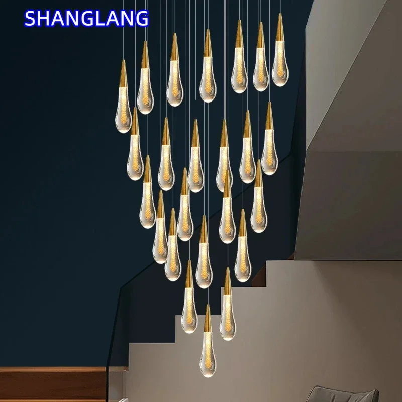 Modern Simple Water Drop Led Chandeliers Duplex Building Revolving Stair Lighting Creative Personality Villa Luxury Pendant Lamp