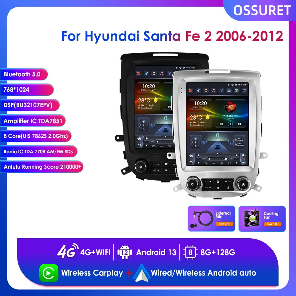 

Автомобильный радиоприемник 9,7 дюйма, Android 13, для Hyundai Santa Fe 2 2006-2012, Беспроводной мультимедийный плеер Carplay, GPS, 2din, стерео, 4G, BT, DSP, Navi, DSP