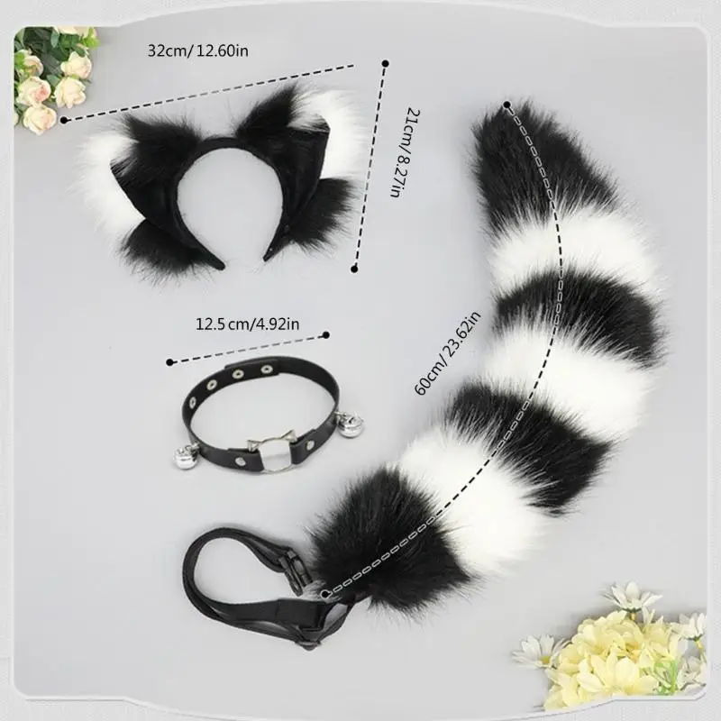 39BD Coda animale Orecchie volpe Fascia per capelli Campane Collare Collana Coda volpe Cintura regolabile Accessori per