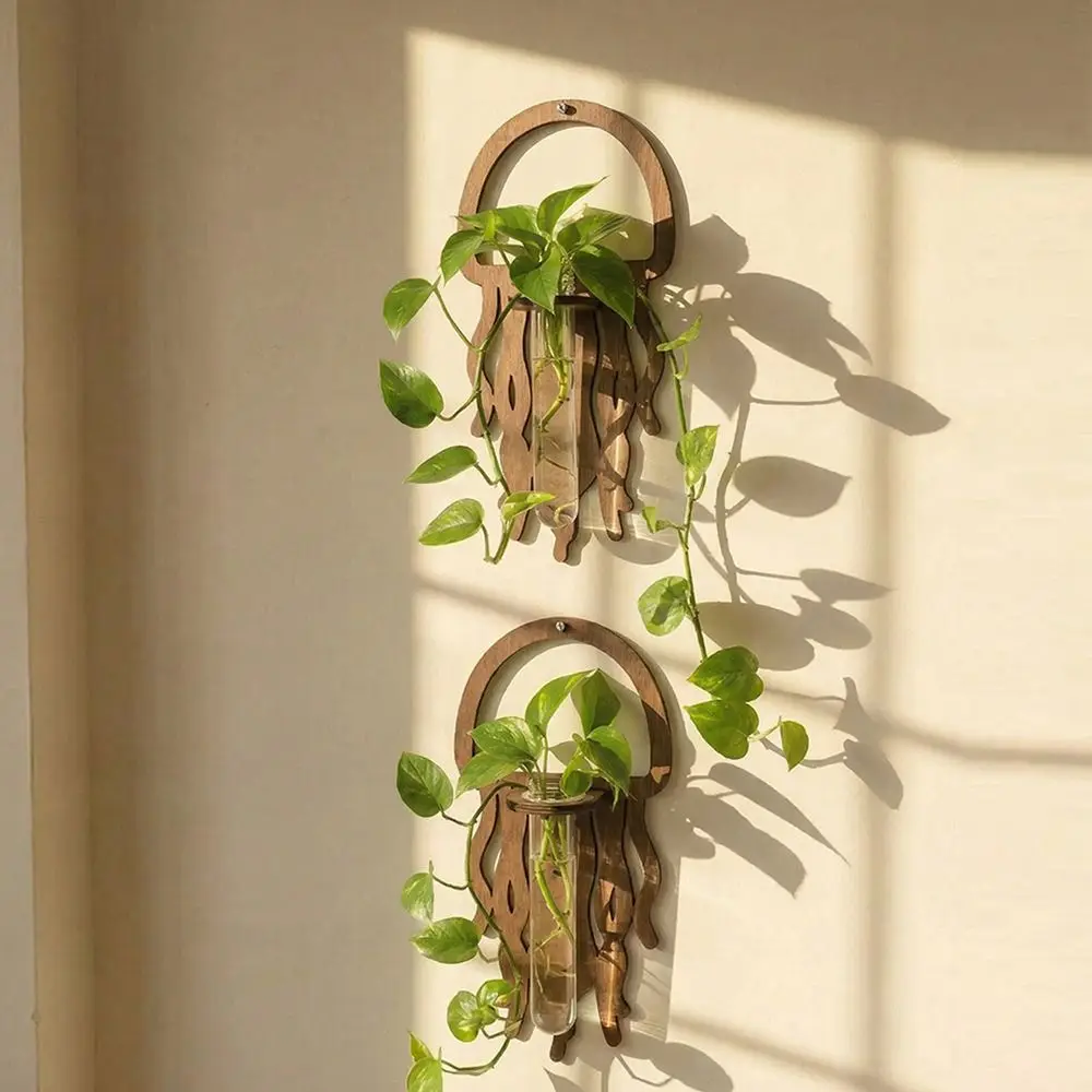 Wooden Lantern Planter Holder Home Ornaments Retro Wall Decoration Vase Sun Jellyfish Hydroponic Planter Shelf Indoor Garden