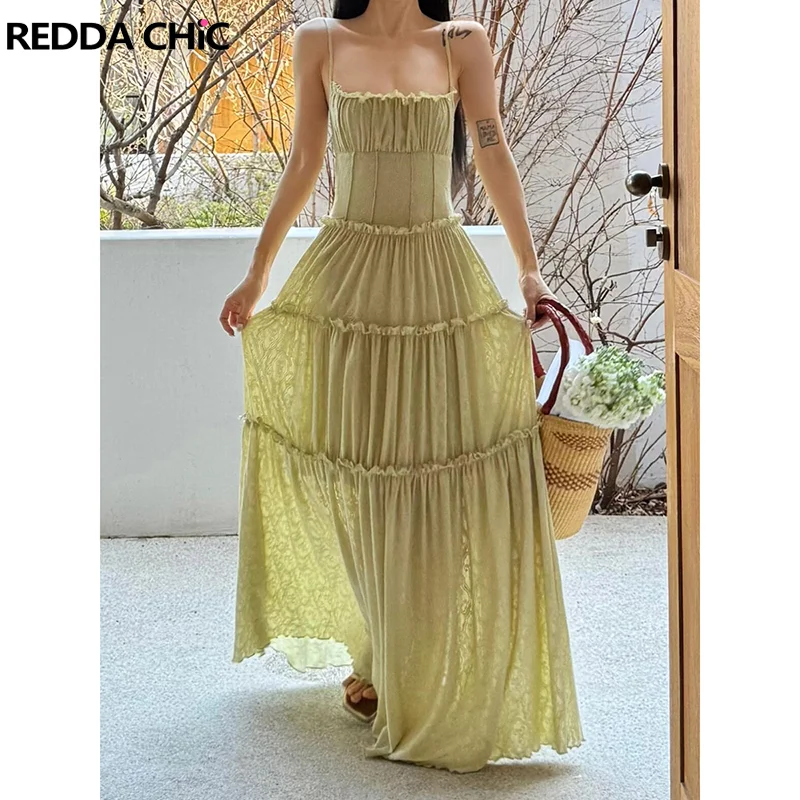 

REDDACHiC Cottagecore романтическое жаккардовое вязаное платье с рюшами, струящаяся бретелька макси, длинный корсет на талии, многослойное платье для торта, летняя одежда