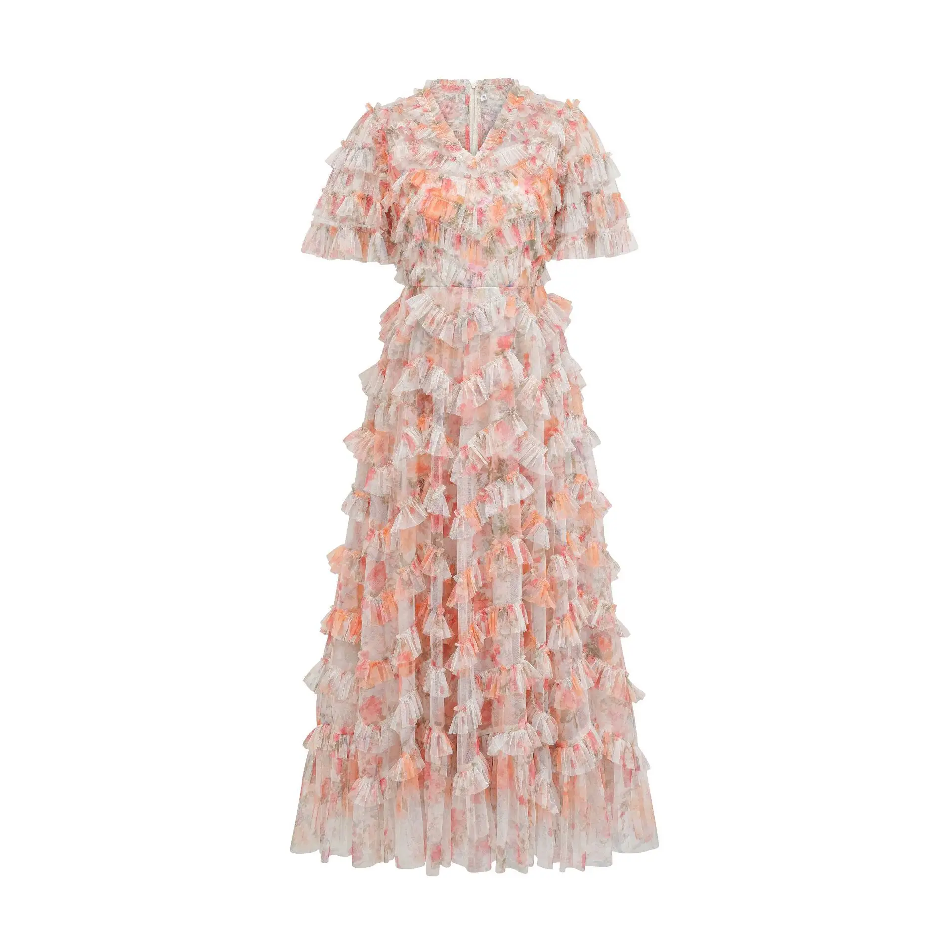 فستان زهري جديد بأكمام قصيرة ورقبة على شكل حرف V، عطلة طويلة وأكمام قصيرة