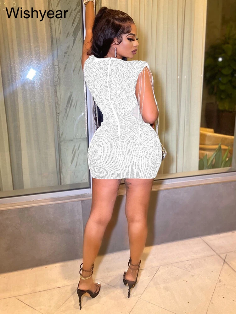 Wishyear elegante Party Evening Bodycon Mini Dress donna bianco Sheer Mesh Patchwork Short Prom Luxury strass Birthday Outfits