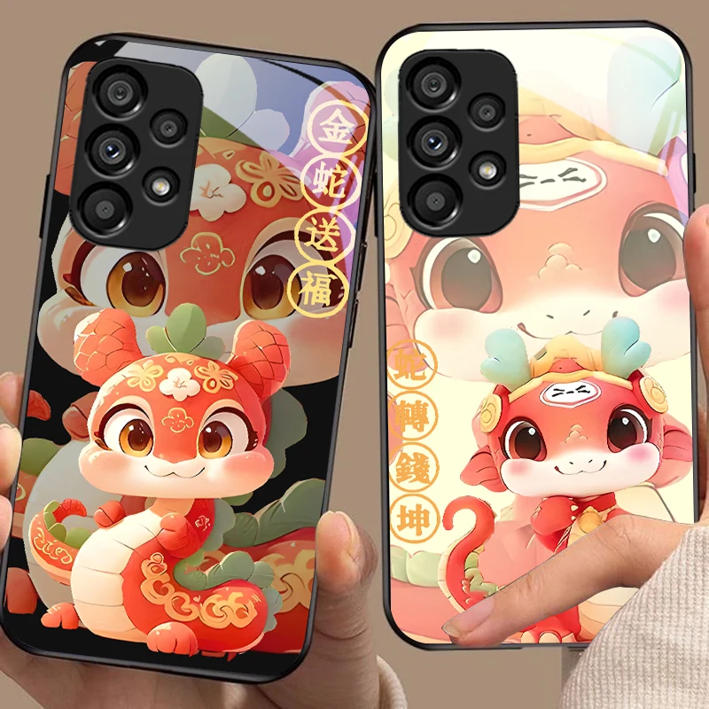 ใหม่การ์ตูนงูสําหรับ Samsung Galaxy S10 20 PLUS 21 FE 22 23 24 FE 25 Ultra กระจกนิรภัยสีดําเคสโทรศัพท์ Hard SHELL