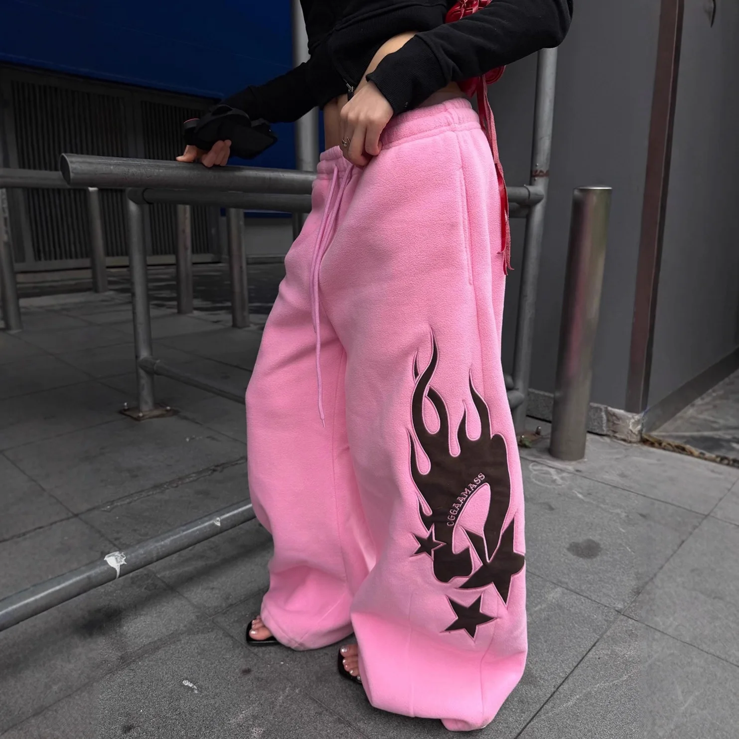 

Широкие спортивные брюки унисекс в стиле Y2K с принтом пламени, на шнурке, свободного кроя, для уличных танцев