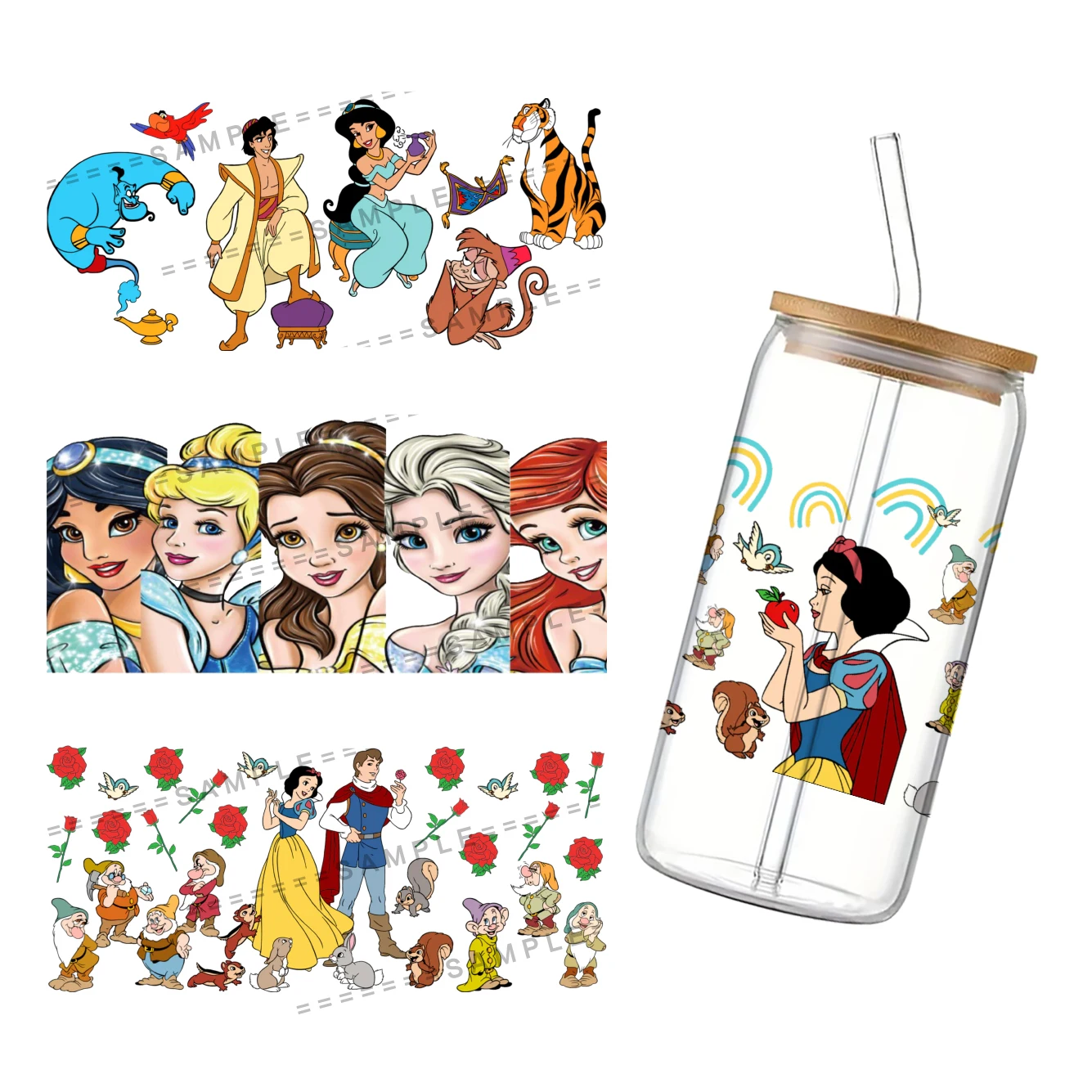 Disney Princess 3D Waterproof UV DTF Cup Wrap for 16Oz Libbey Cartoon Princess Glass Can DIY Transfer Sticker