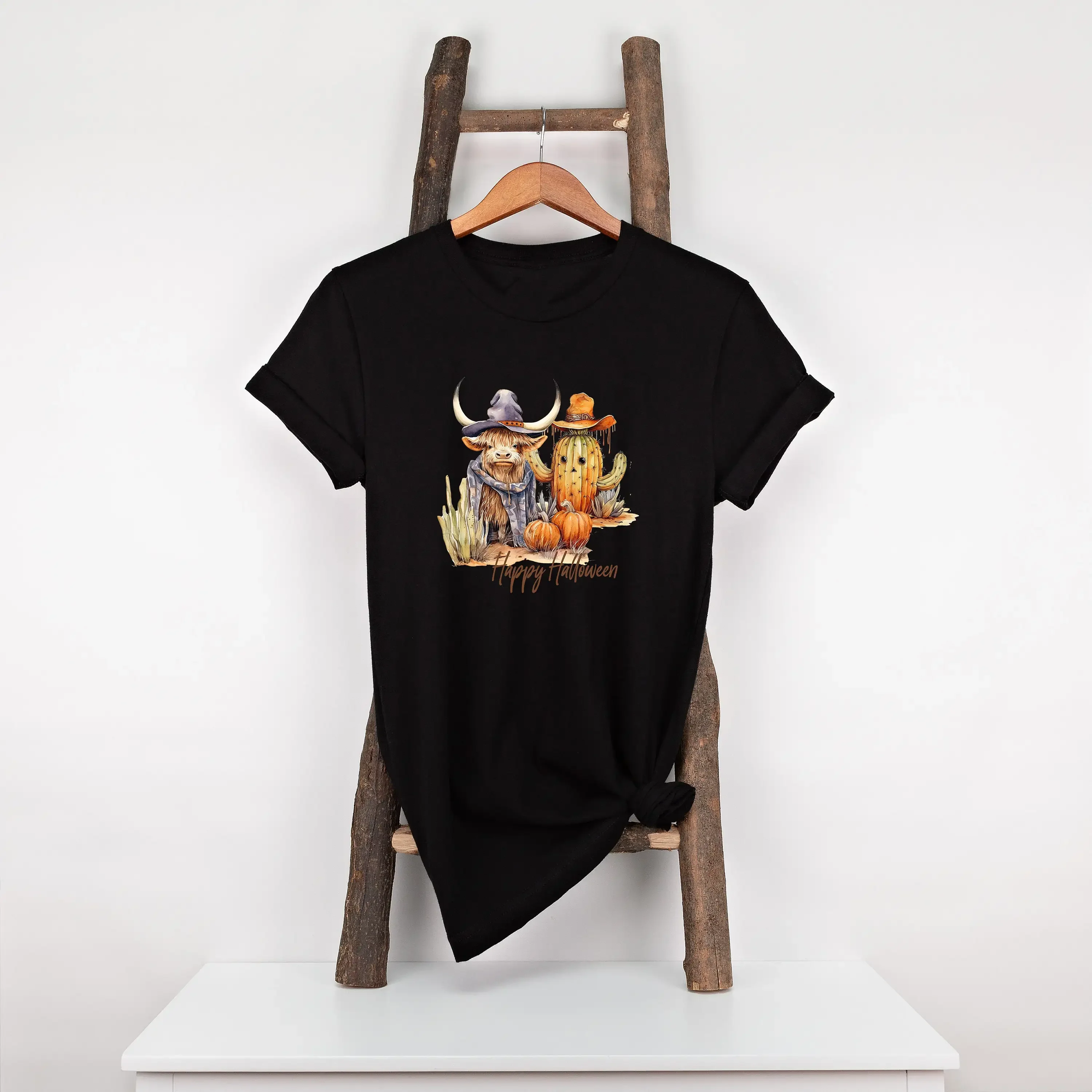 T-shirt Happy Halloween Highland Cow, t-shirt graphique, 100 coton, noir, blanc ou gris, motivant