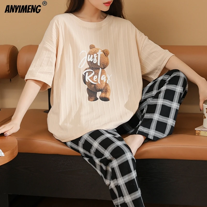 Summer New Cotton Cartoon Women Pajamas Set Short Sleeves Long Pants Cute Bear Print Pijamas Korean Sleepwear Woman Pajama