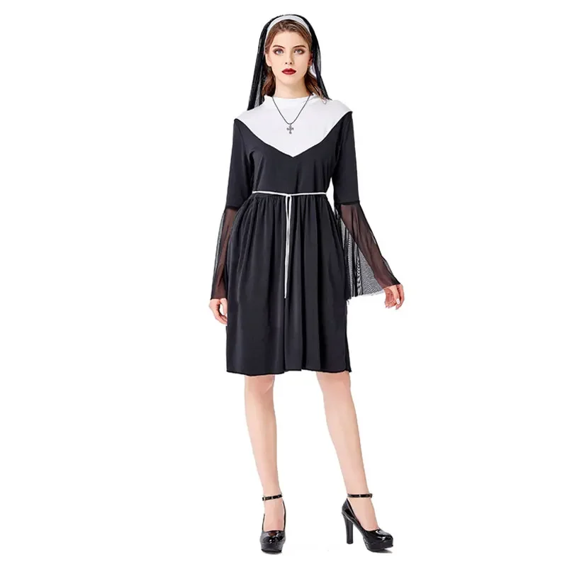 Traje Hallowee da freira para mulheres adultas, Sexy Irmã Religiosa Traje, Retro Sacerdote Freira Vestido Cosplay