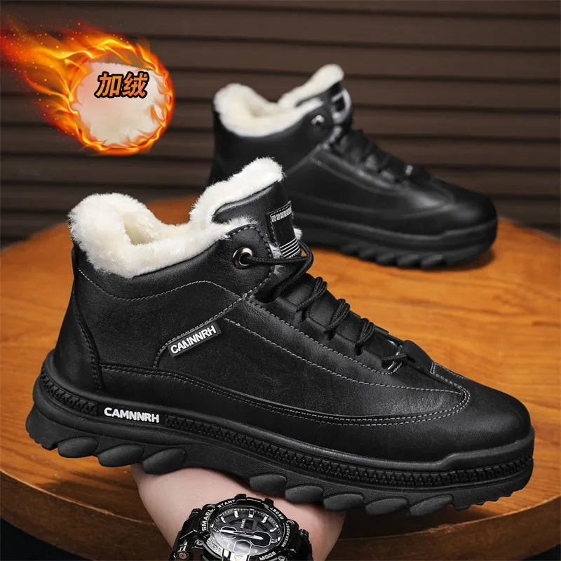 

2026 Мужские зимние ботинки, зимние противоскользящие плюшевые домашние теплые морозостойкие зимние ботинки на высокой платформе со шнуровкой, спортивные рабочие ботинки на открытом воздухе