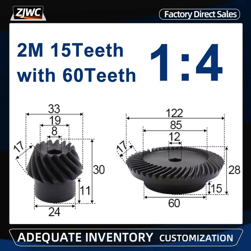 

1 Set 45# Steel 2M 15T to 60T Spiral Bevel Gear M2 Modulus 1:4 90 Degrees Differential Gear Same Ratio Diameter 8mm to 12mm Hole